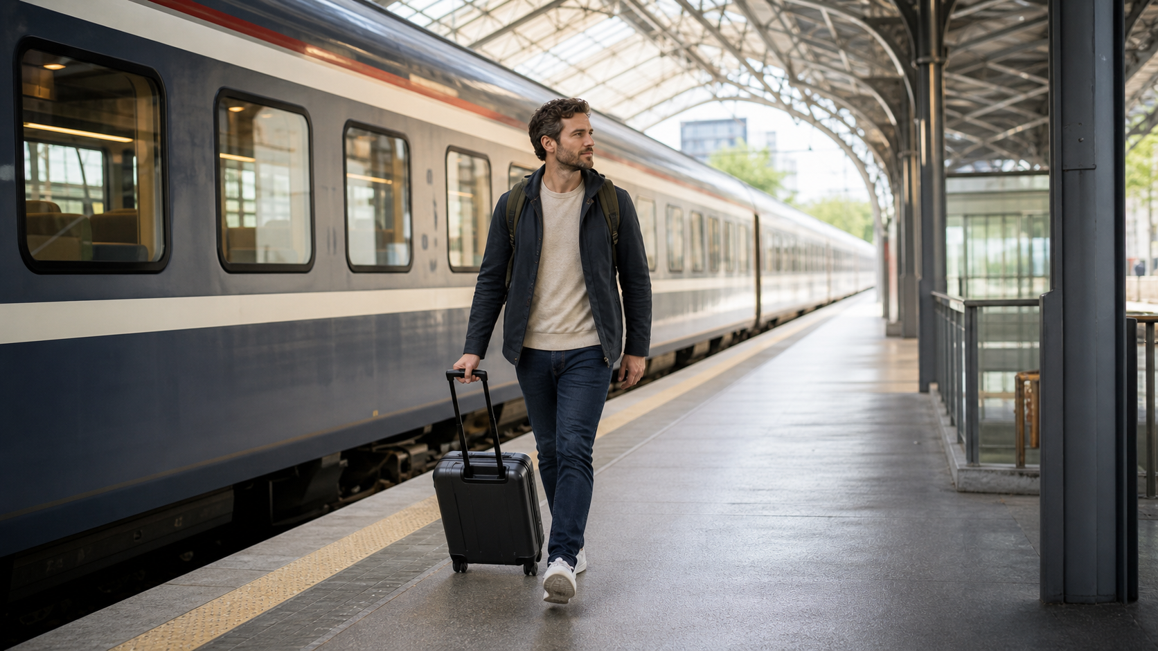 Traveler pulling a compact suitcase beside an intercity train