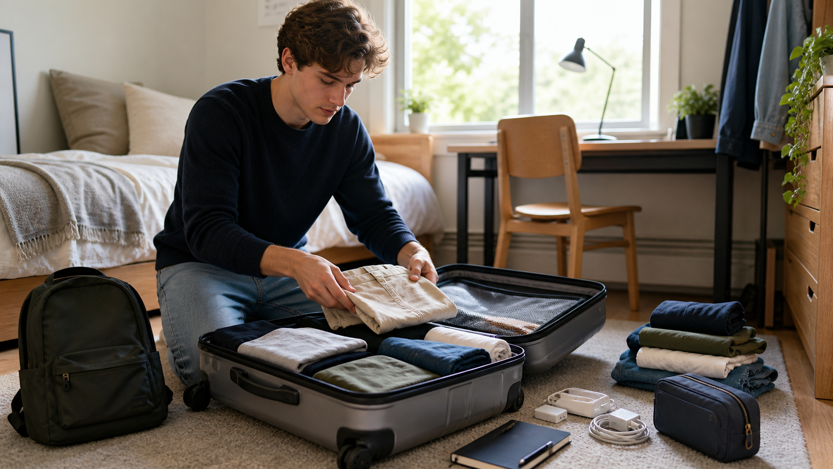 Student packing a suitcase and backpack for a semester abroad