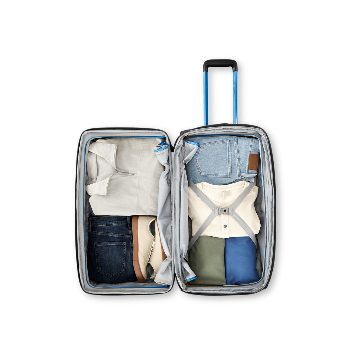 High Sierra Hi-Life Medium Wheeled Duffel Black/Blue packed open with compression straps
