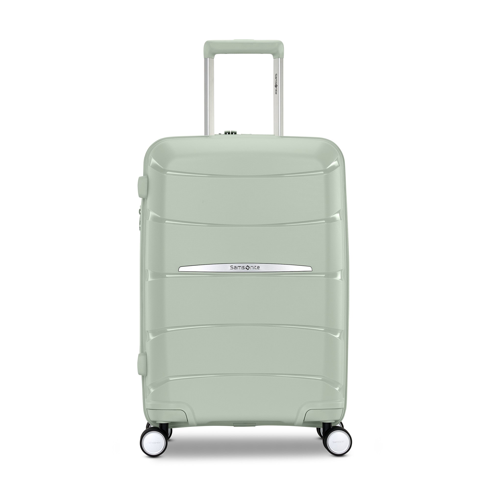 Samsonite Outline Pro sage 22" carry-on hardside spinner, front view, telescoping handle extended, horizontal wave-ribbed shell