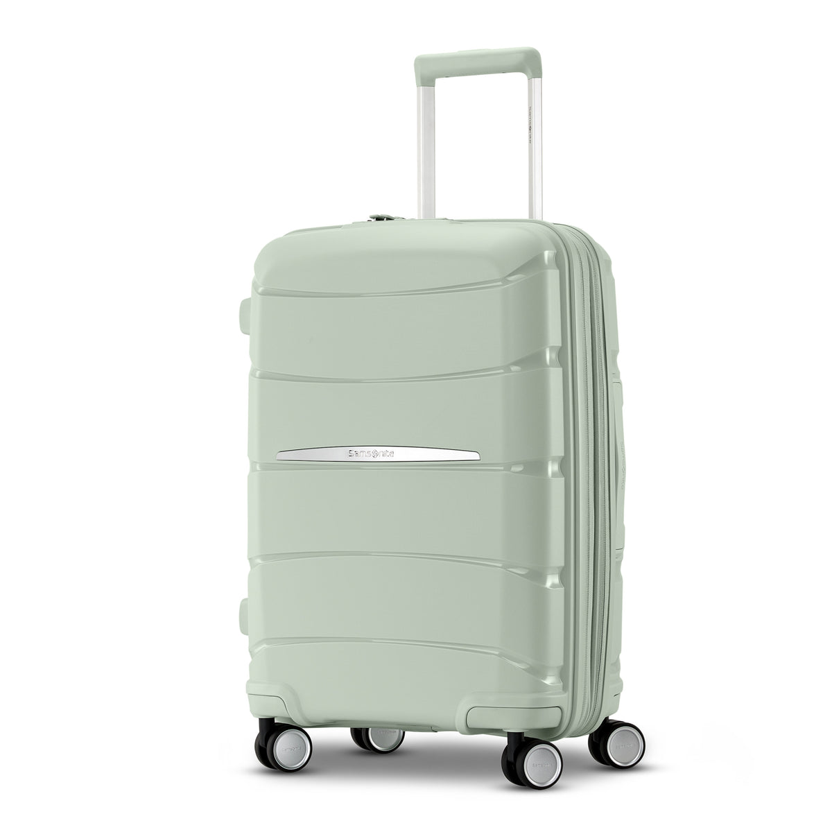 Samsonite Outline Pro sage 22" carry-on hardside spinner, three-quarter front view, telescoping handle extended, horizontal wave-ribbed shell