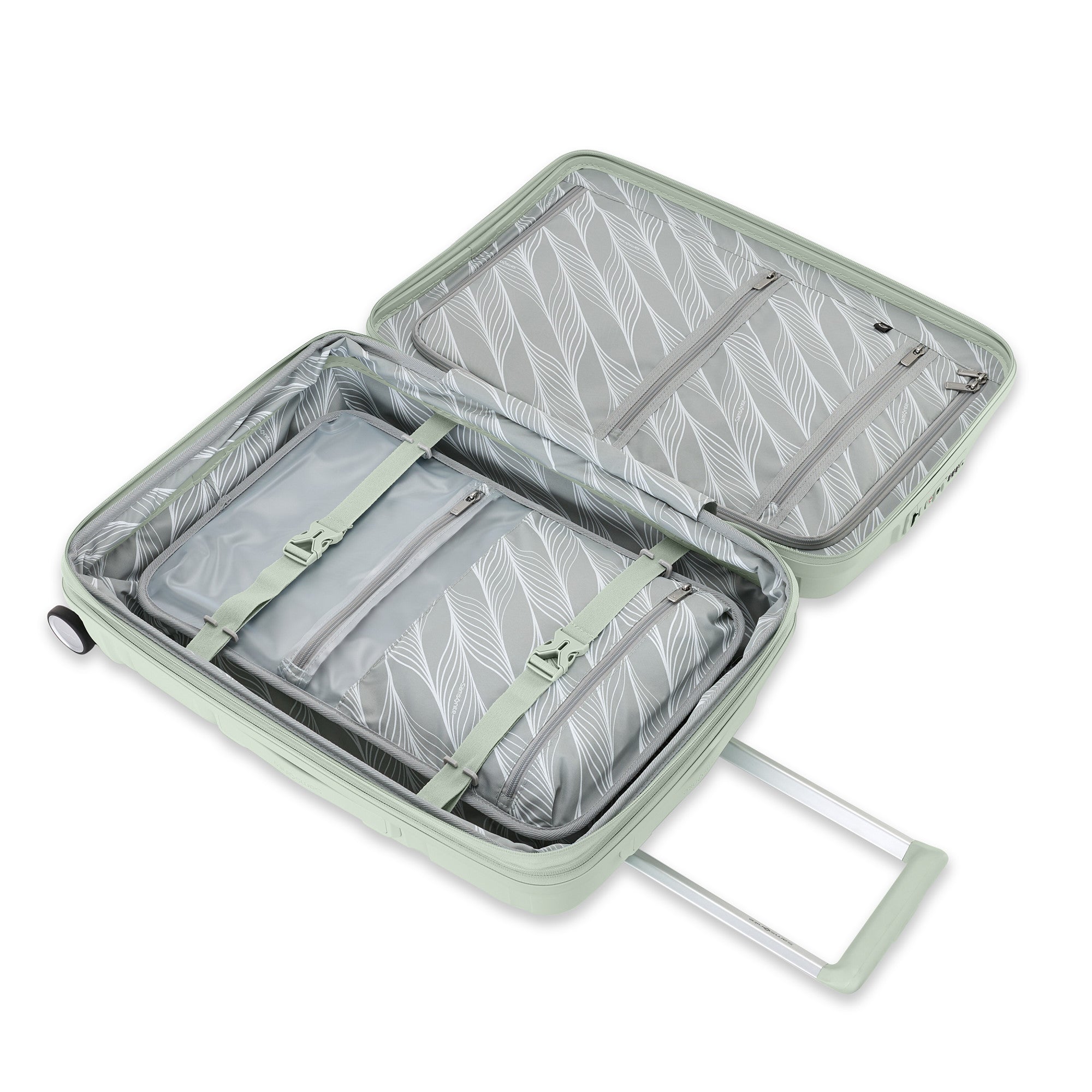Samsonite Outline Pro sage 22" carry-on hardside spinner, open interior, packing straps and zip divider (view 2)
