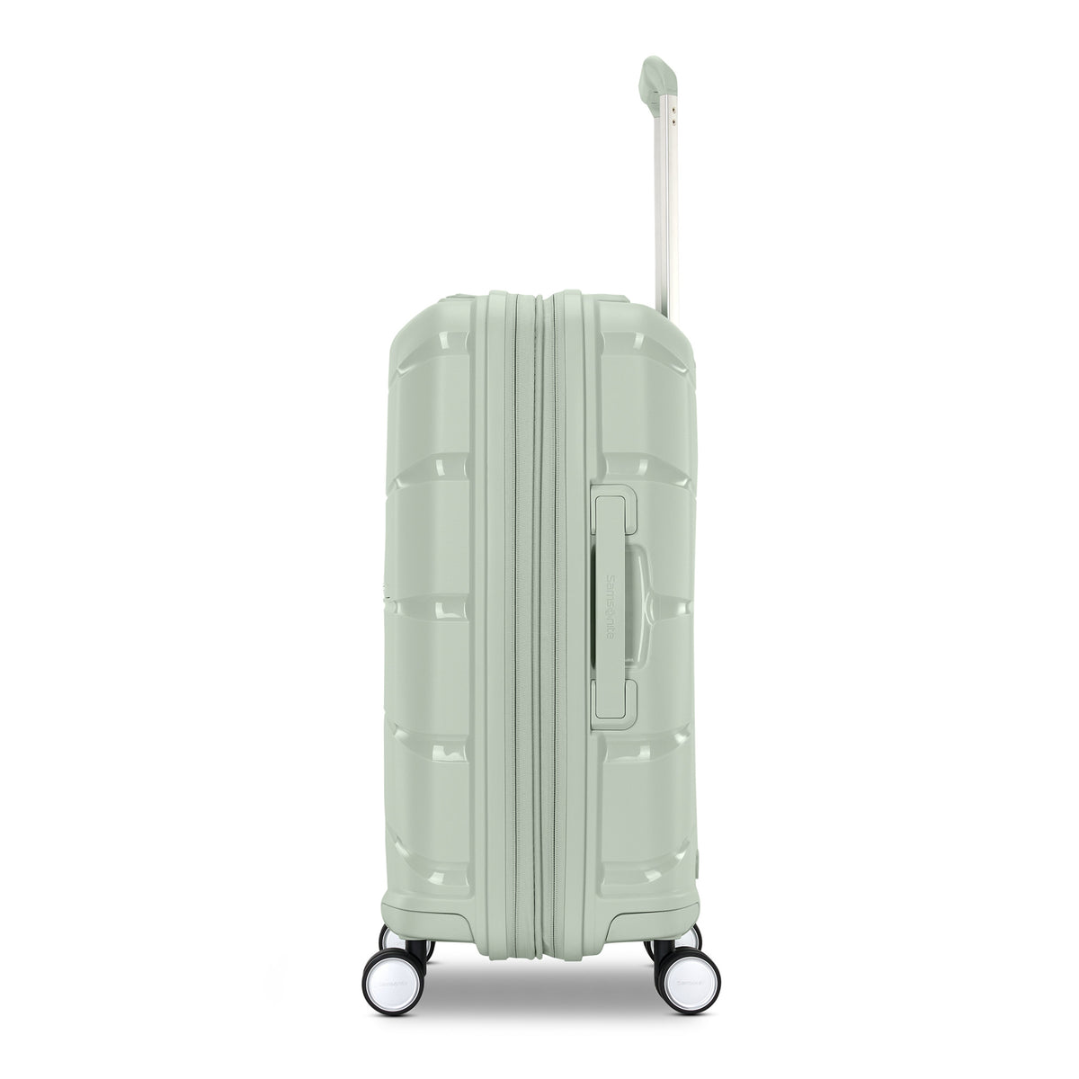 Samsonite Outline Pro sage 22" carry-on hardside spinner, side profile, telescoping handle extended