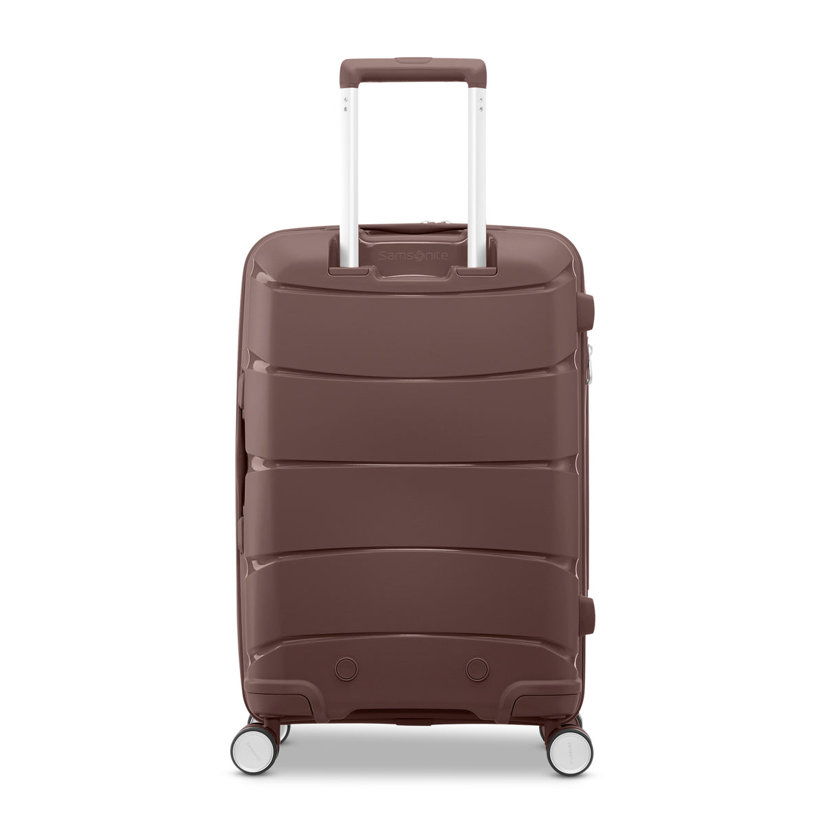 Samsonite Outline Pro cocoa chocolate mauve 22" carry-on hardside spinner, rear view, telescoping handle housing