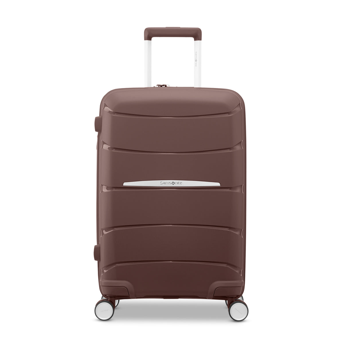 Samsonite Outline Pro cocoa chocolate mauve 22" carry-on hardside spinner, front view, telescoping handle extended, horizontal wave-ribbed shell