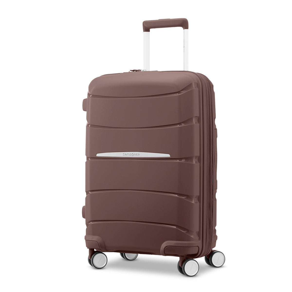 Samsonite Outline Pro cocoa chocolate mauve 22" carry-on hardside spinner, three-quarter front view, telescoping handle extended, horizontal wave-ribbed shell