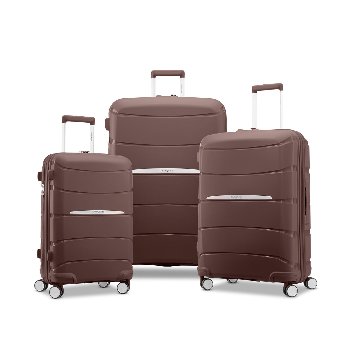 Samsonite Outline Pro cocoa chocolate mauve hardside spinners, three sizes standing together, front view
