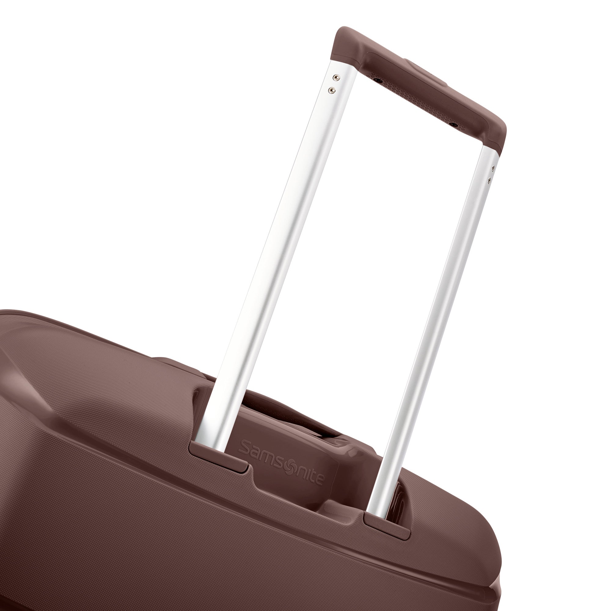 Samsonite Outline Pro cocoa chocolate mauve 22" carry-on hardside spinner, telescoping handle and top carry handle close-up