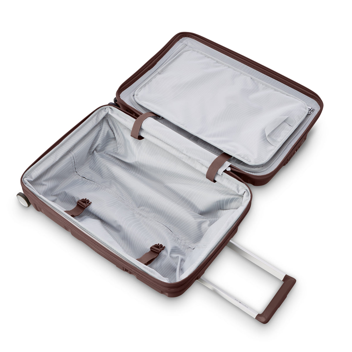 Samsonite Outline Pro cocoa chocolate mauve 22" carry-on hardside spinner, open interior, packing straps and zip divider (view 2)
