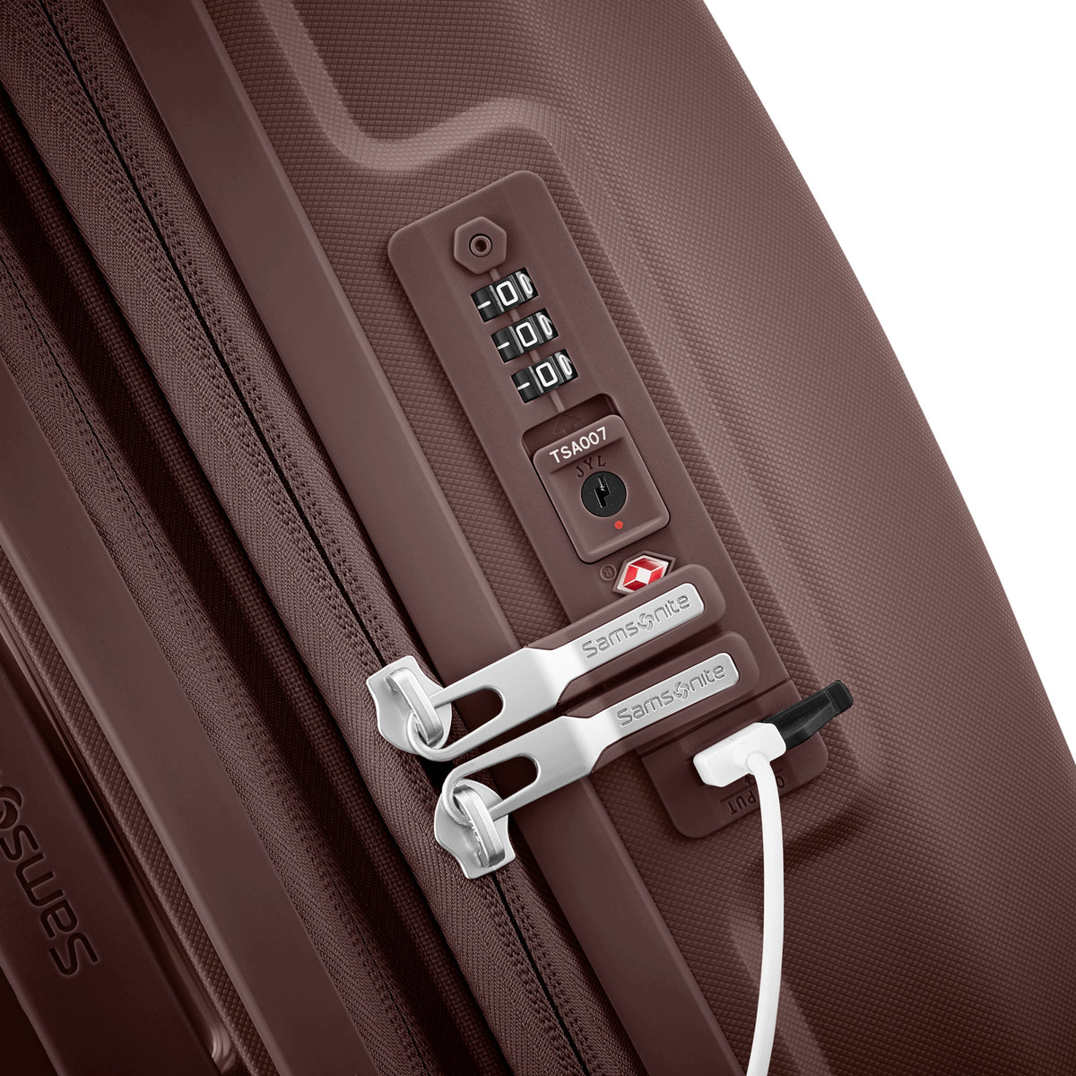 Samsonite Outline Pro cocoa chocolate mauve 22" carry-on hardside spinner, TSA lock and zipper pulls