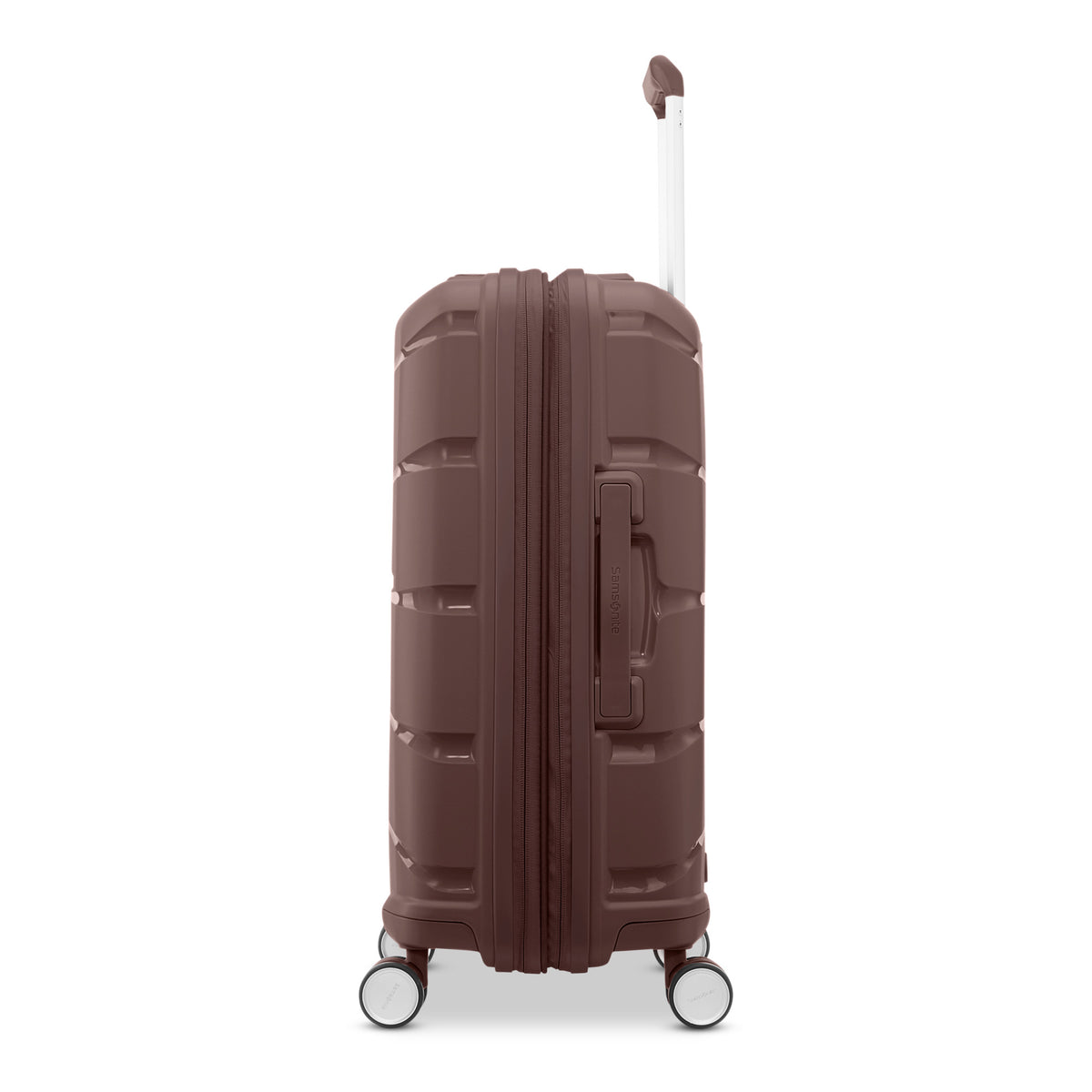 Samsonite Outline Pro cocoa chocolate mauve 22" carry-on hardside spinner, side profile, telescoping handle extended