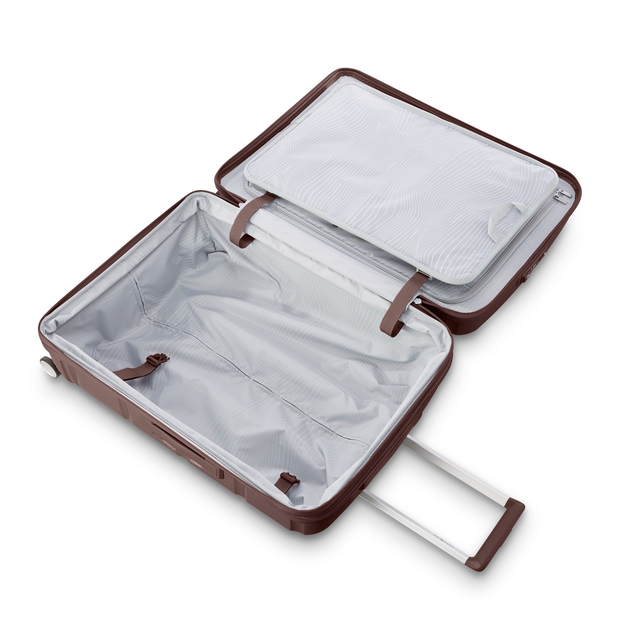 Samsonite Outline Pro cocoa chocolate mauve 24" medium hardside spinner, open interior, packing straps and zip divider