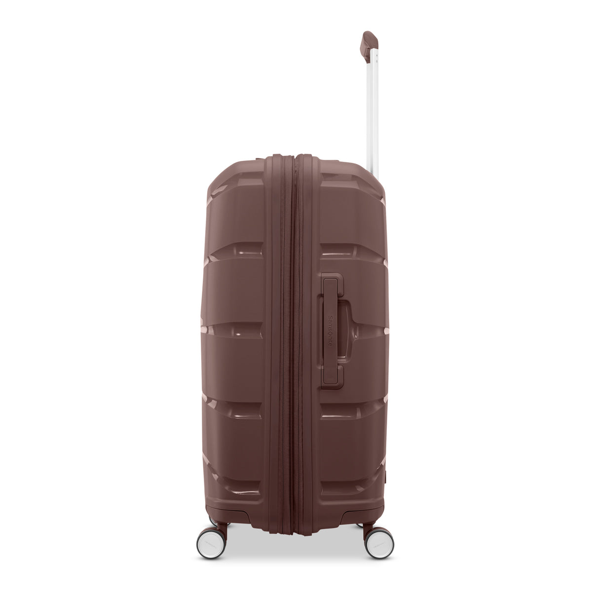 Samsonite Outline Pro cocoa chocolate mauve 24" medium hardside spinner, side profile, telescoping handle extended