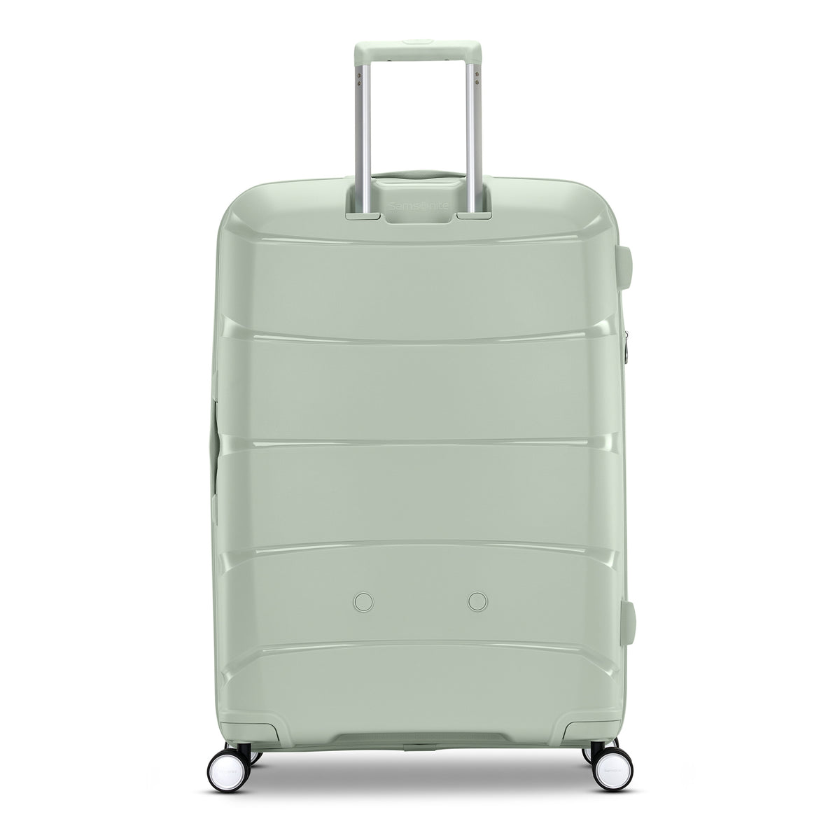 Samsonite Outline Pro sage 28" large hardside spinner, rear view, telescoping handle housing