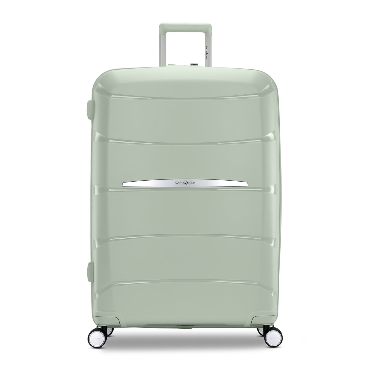 Samsonite Outline Pro sage 28" large hardside spinner, front view, telescoping handle extended, horizontal wave-ribbed shell