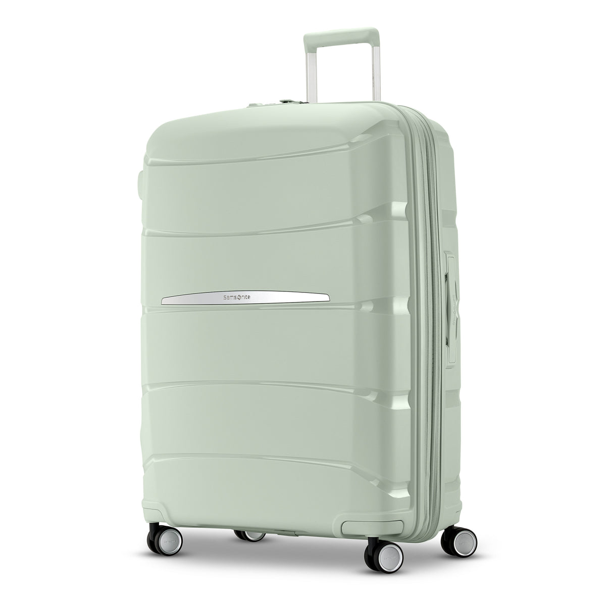 Samsonite Outline Pro sage 28" large hardside spinner, three-quarter front view, telescoping handle extended, horizontal wave-ribbed shell