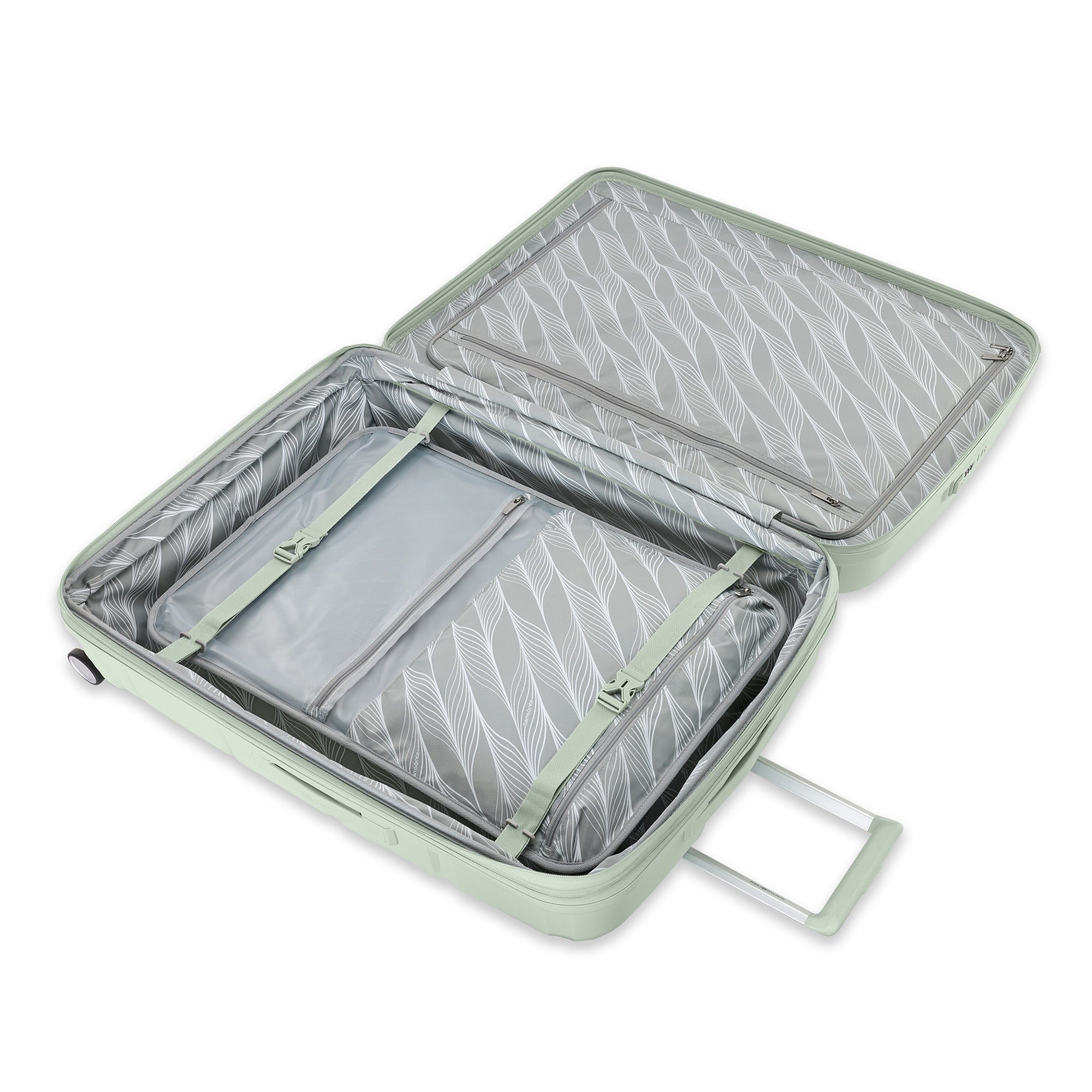 Samsonite Outline Pro sage 28" large hardside spinner, open interior, packing straps and zip divider (view 2)
