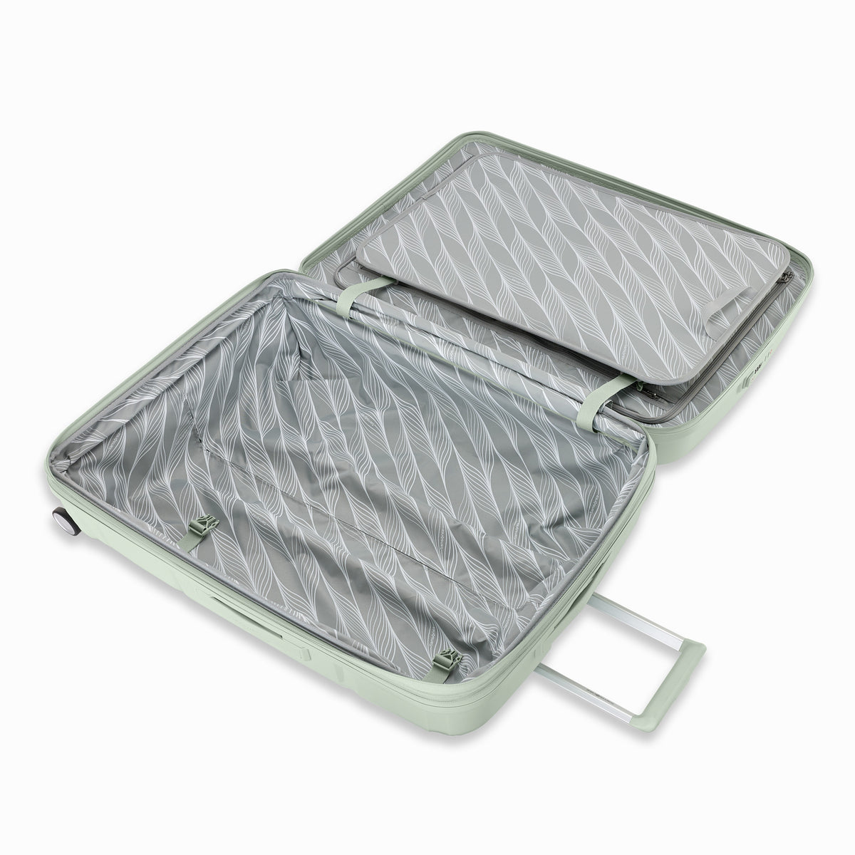 Samsonite Outline Pro sage 28" large hardside spinner, open interior, packing straps and zip divider