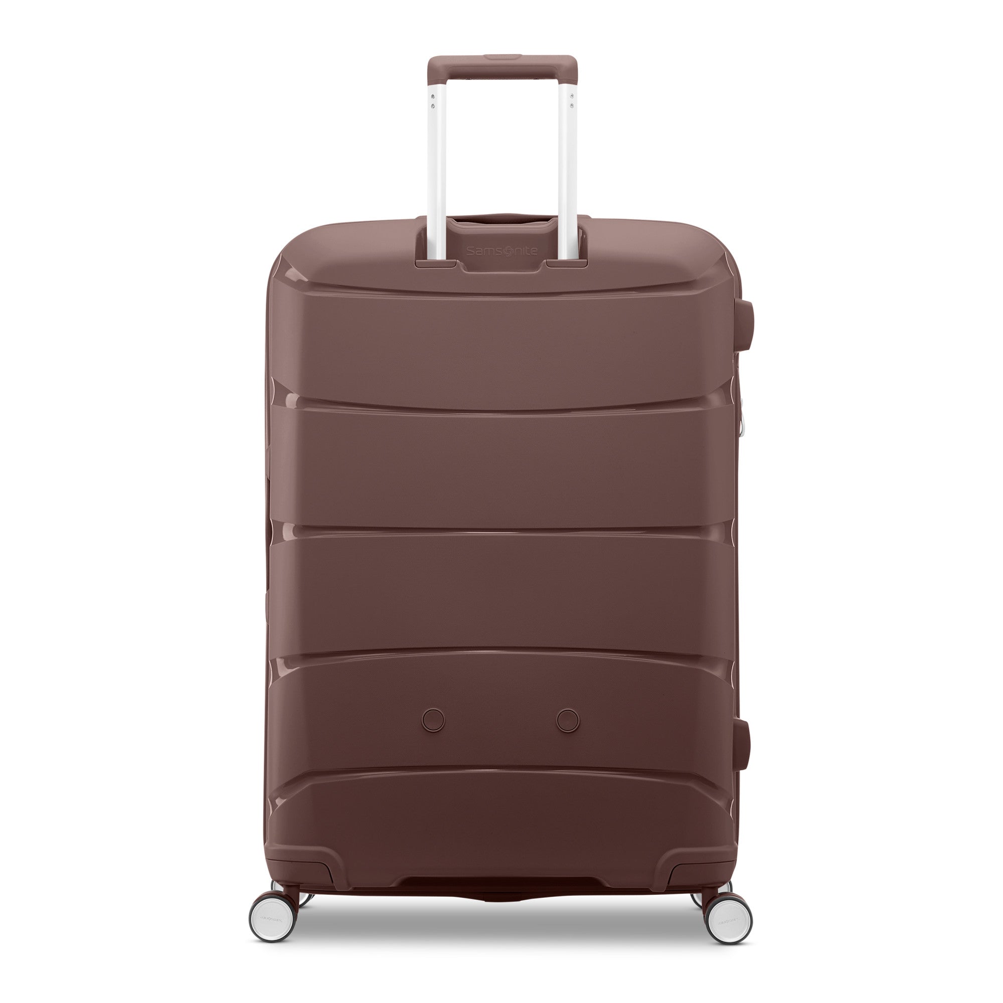 Samsonite Outline Pro cocoa chocolate mauve 28" large hardside spinner, rear view, telescoping handle housing