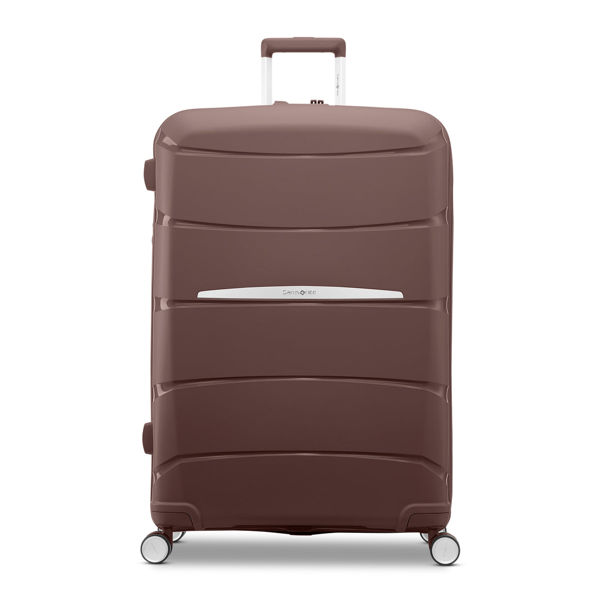 Samsonite Outline Pro cocoa chocolate mauve 28" large hardside spinner, front view, telescoping handle extended, horizontal wave-ribbed shell