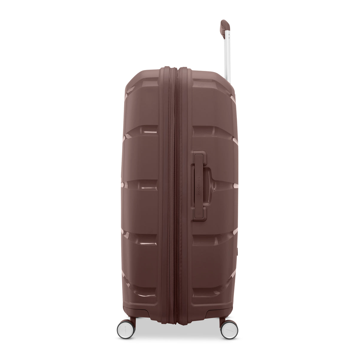 Samsonite Outline Pro cocoa chocolate mauve 28" large hardside spinner, side profile, telescoping handle extended