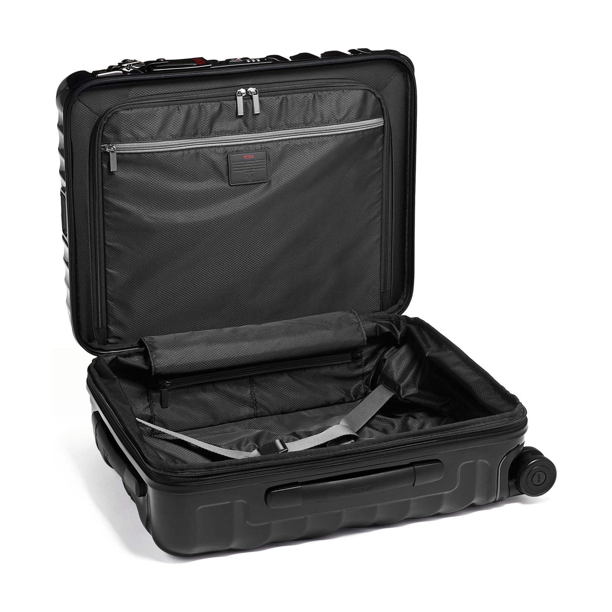 Tumi 19 Degree Continental black expandable hardside carry-on, open interior, gray lining, zip divider and compression straps