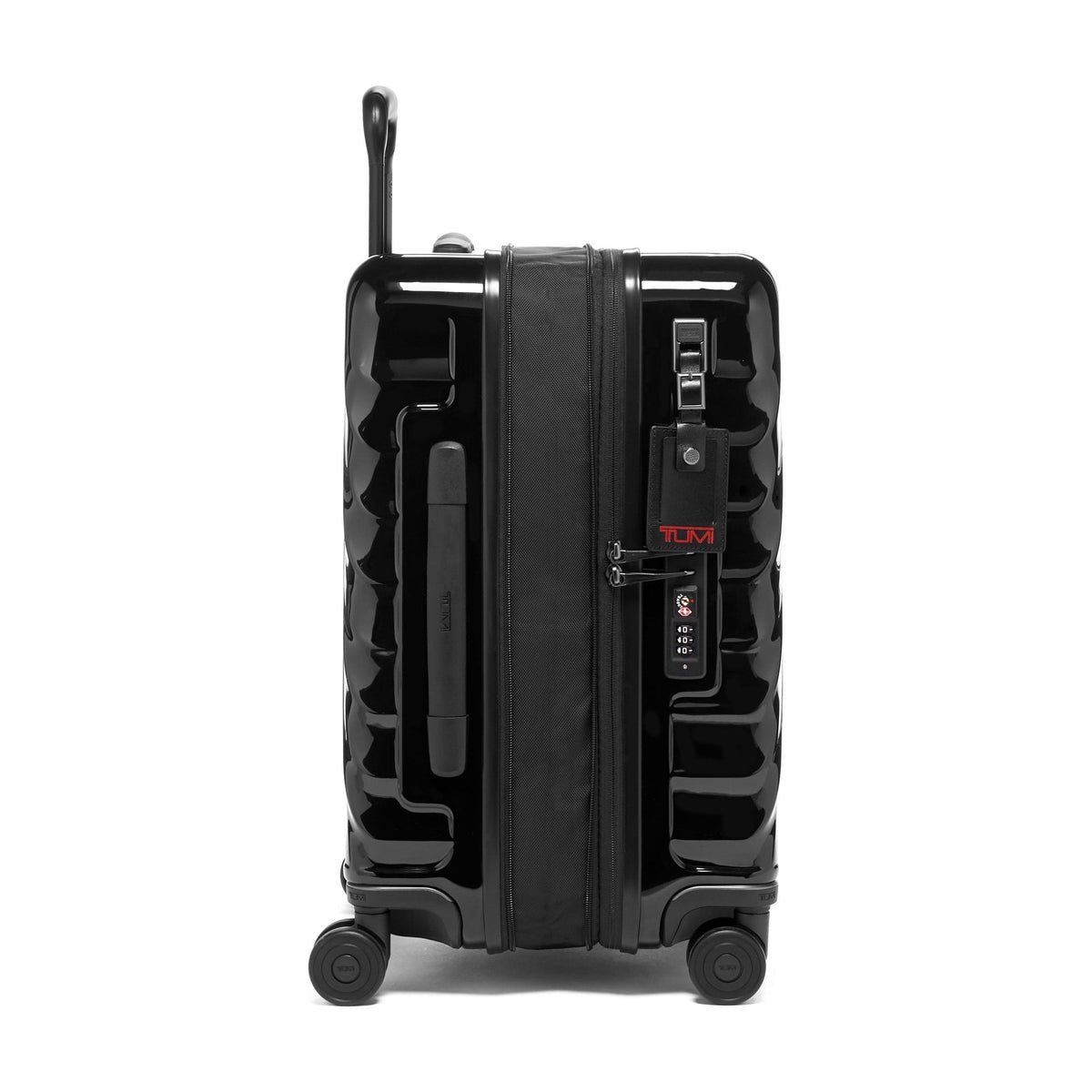 Tumi 19 Degree Continental black expandable hardside carry-on, side profile expanded, fabric expansion gusset and spinner wheels