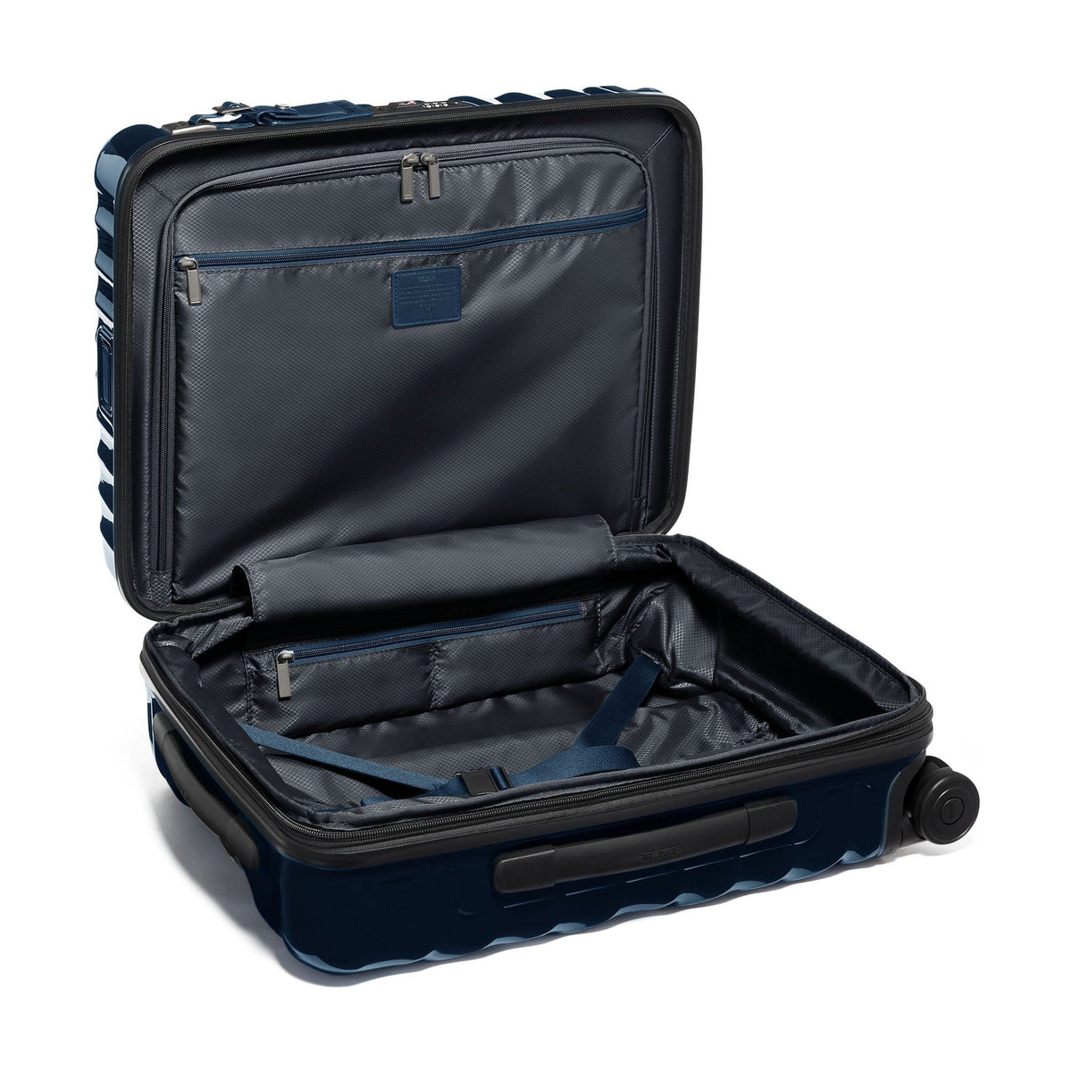 Tumi 19 Degree Continental navy expandable hardside carry-on, open interior, gray lining and compression straps