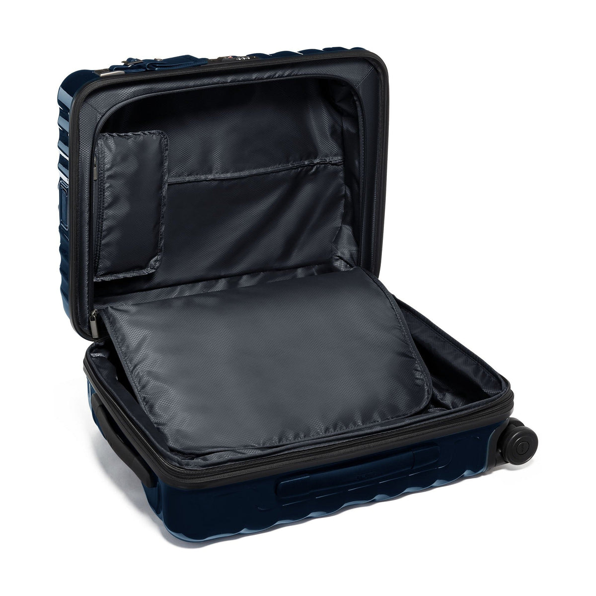 Tumi 19 Degree Continental navy expandable hardside carry-on, open interior, zippered lid pocket