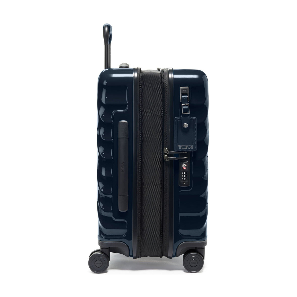 Tumi 19 Degree Continental navy expandable hardside carry-on, side profile expanded, fabric expansion gusset