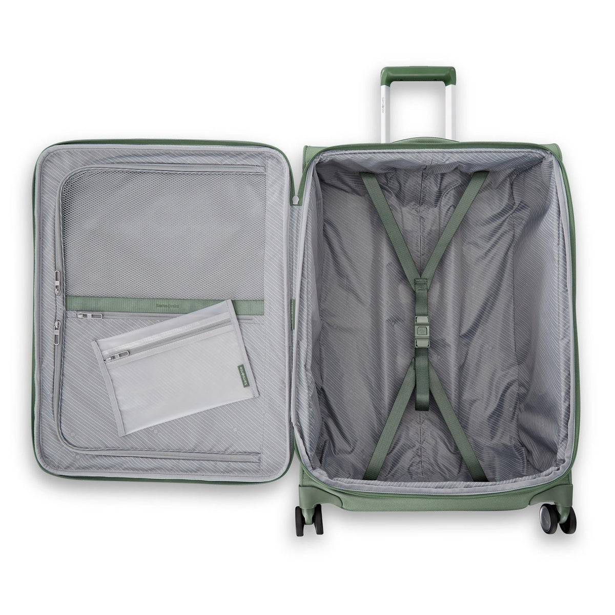 Samsonite Uplift jade green 22" carry-on softside spinner, open interior with mesh divider and packing straps