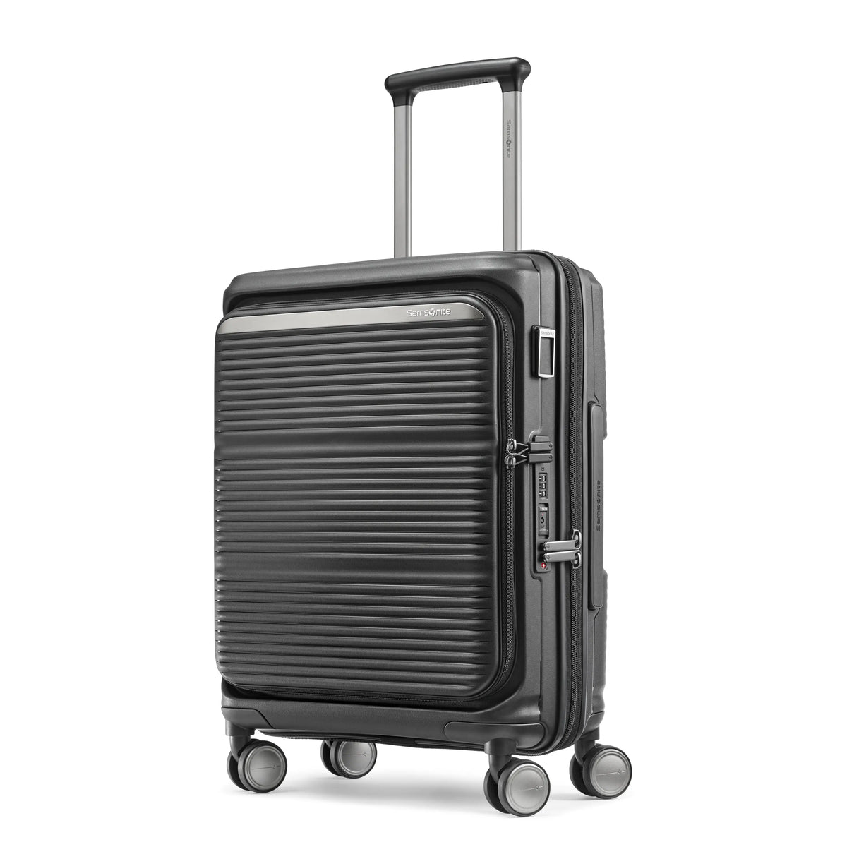 Samsonite Paralux Global black carry-on hardside spinner, three-quarter front view