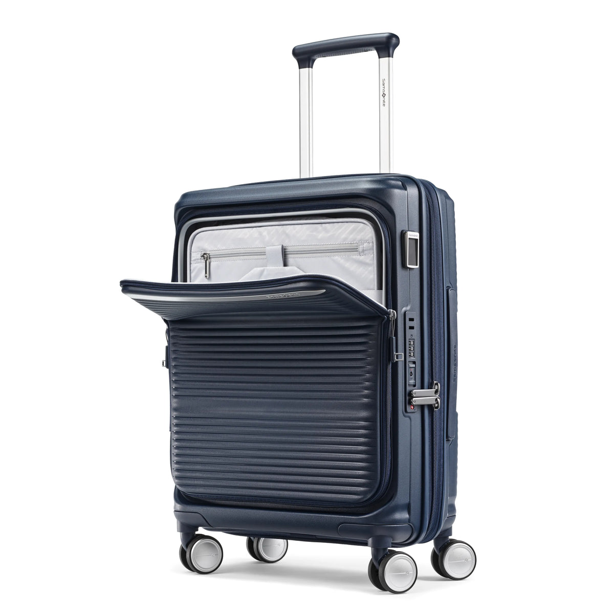 Samsonite Paralux Global midnight navy carry-on hardside spinner, front laptop panel hinged open
