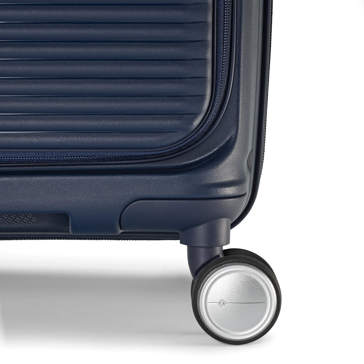 Samsonite Paralux Global midnight navy carry-on hardside spinner, double spinner wheel close-up