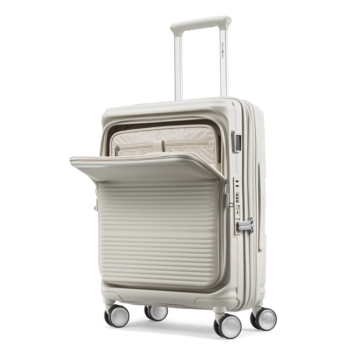 Samsonite Paralux Global stone grey carry-on hardside spinner, front laptop panel hinged open