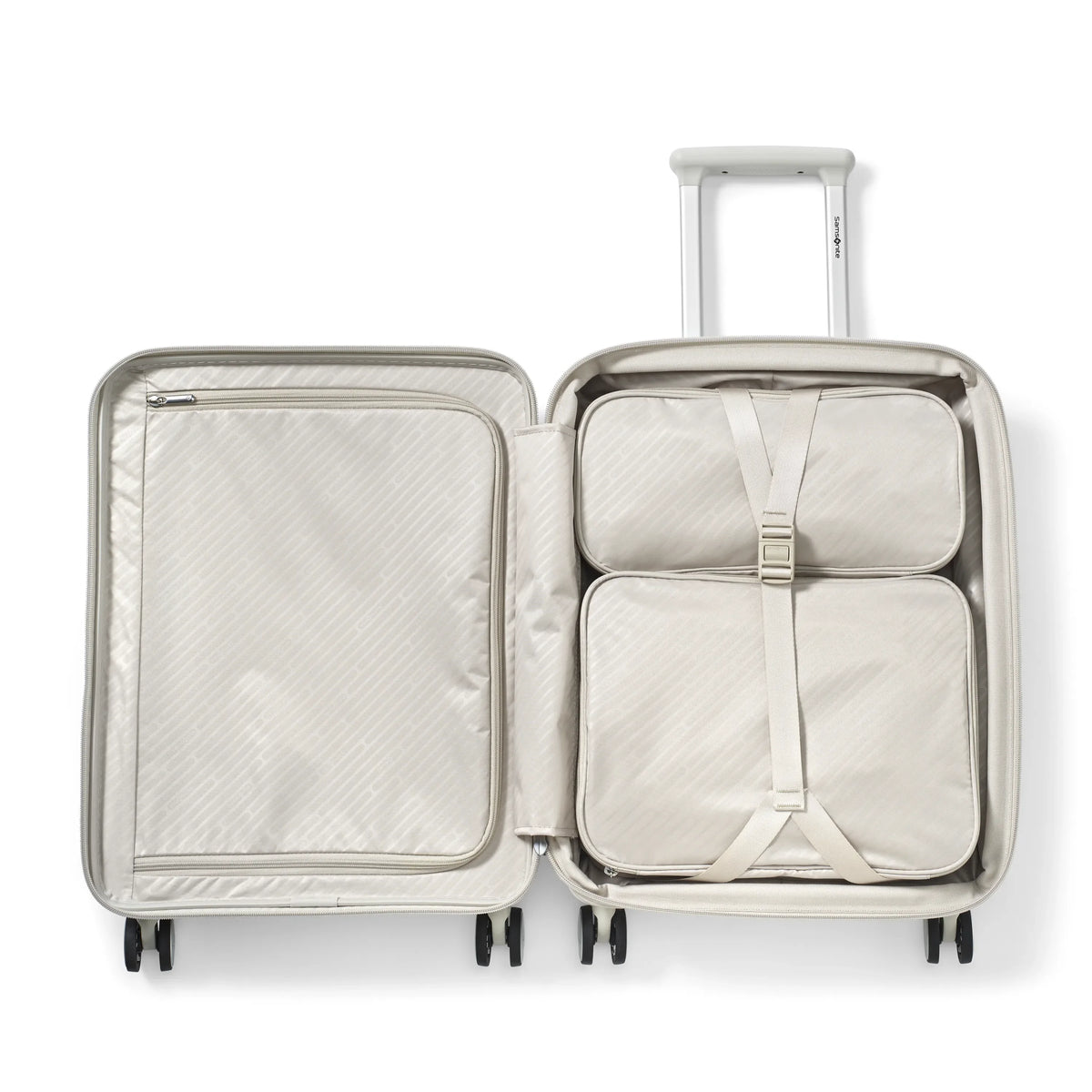 Samsonite Paralux Global stone grey carry-on hardside spinner, open interior with packing cubes