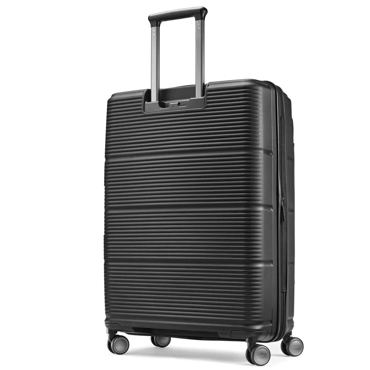 Samsonite Paralux black large checked hardside spinner, three-quarter rear view