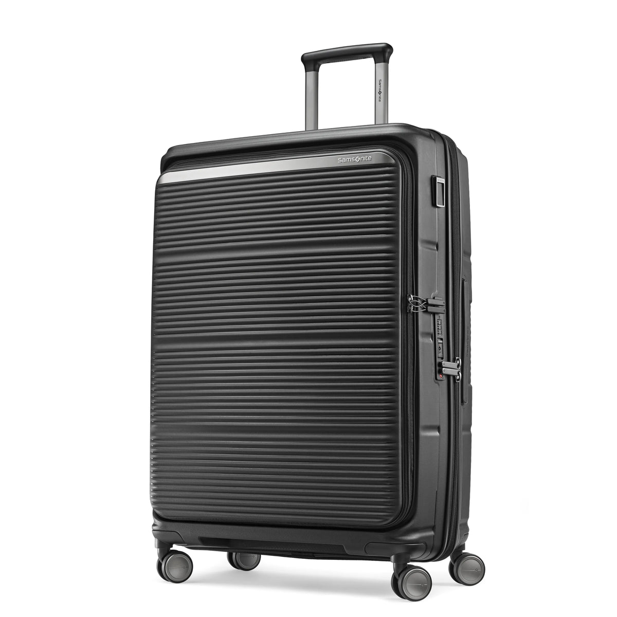 Samsonite Paralux black large checked hardside spinner, three-quarter front view