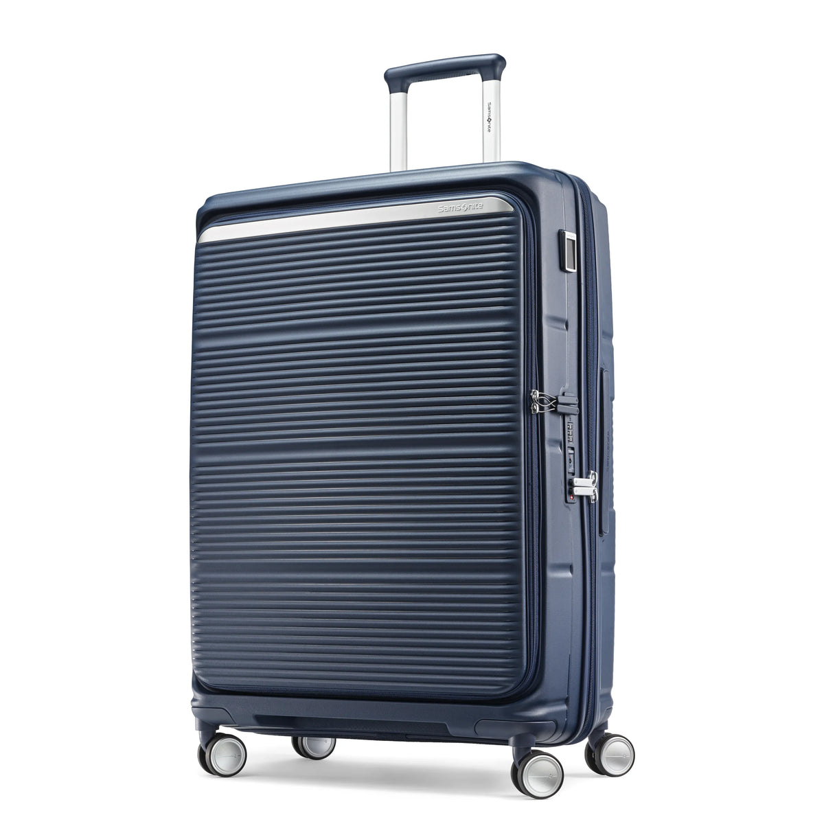 Samsonite Paralux midnight navy large checked hardside spinner, three-quarter front view