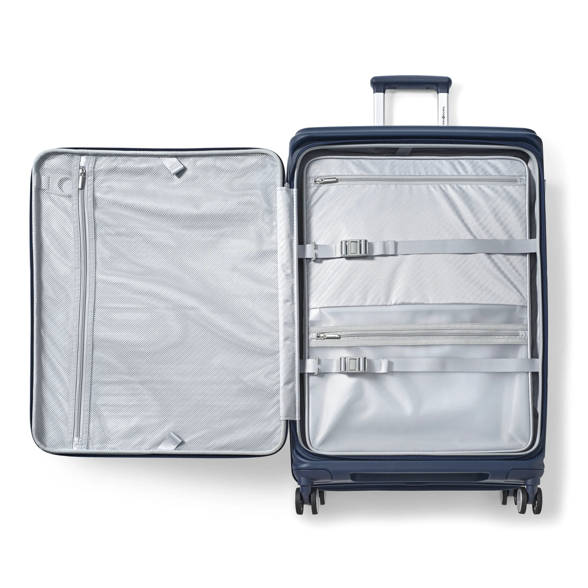 Samsonite Paralux midnight navy large checked hardside spinner, open interior with mesh divider and cross straps