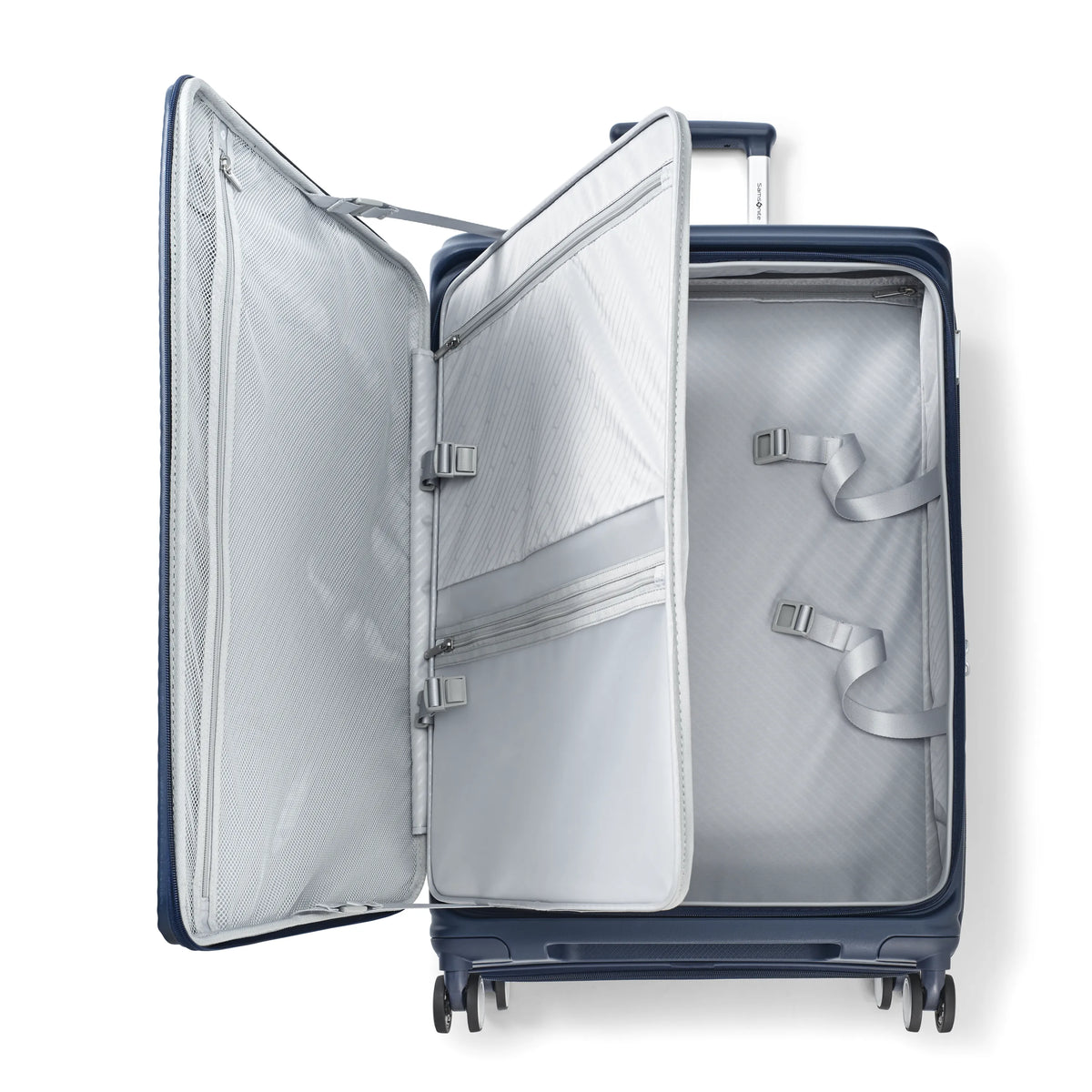 Samsonite Paralux midnight navy large checked hardside spinner, open interior, angled packing view