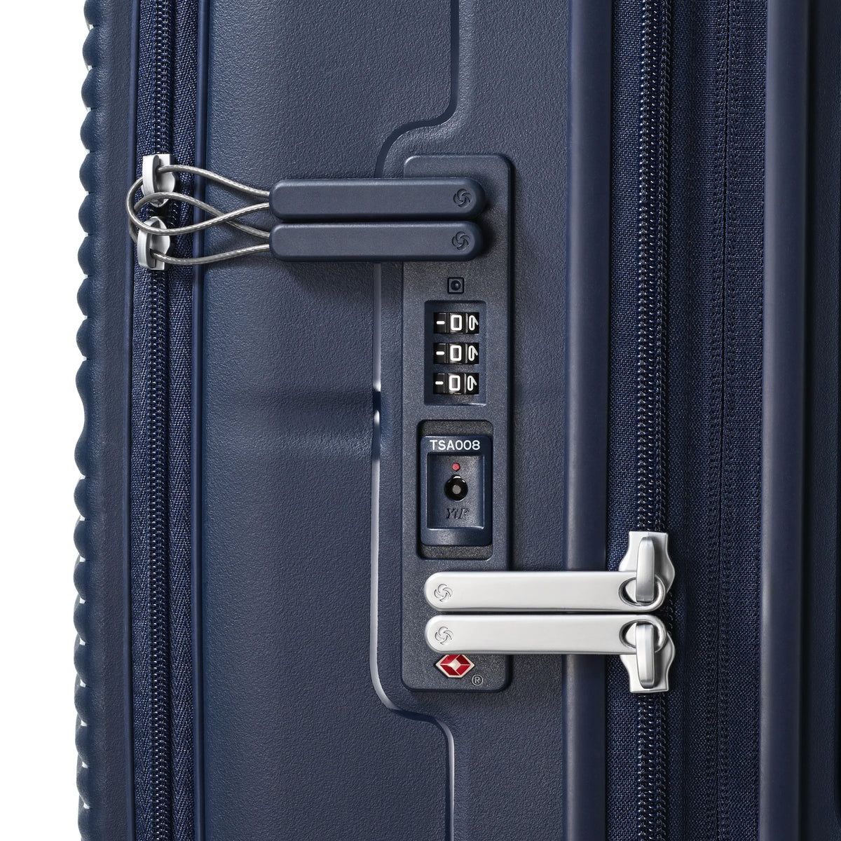 Samsonite Paralux midnight navy large checked hardside spinner, TSA lock and zipper pulls