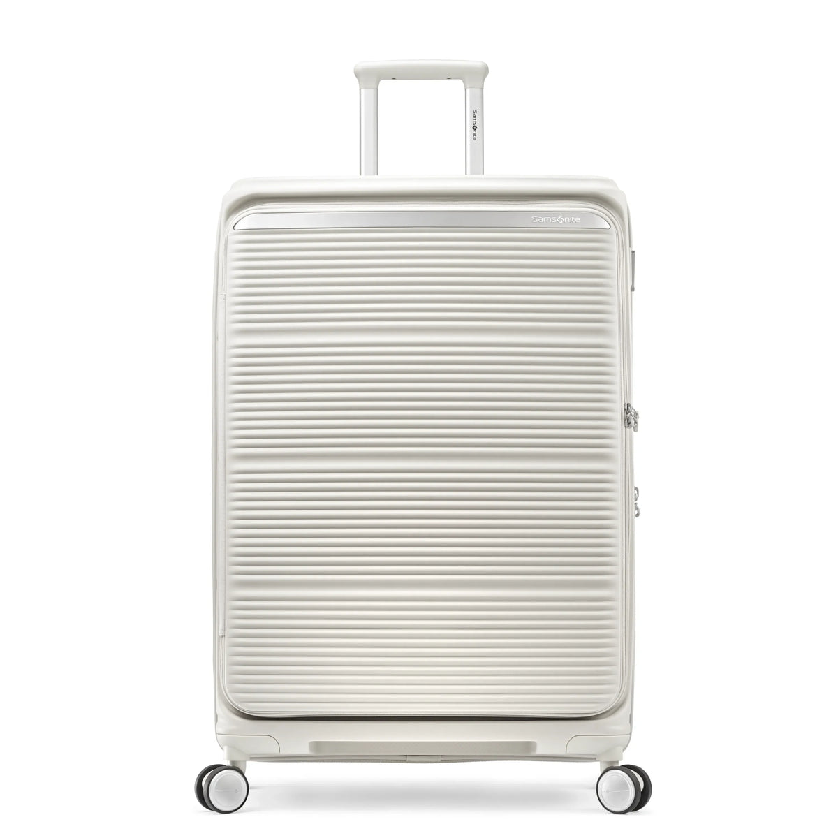 Samsonite Paralux stone grey large checked hardside spinner, front view, telescoping handle slightly raised, horizontal ribbed shell