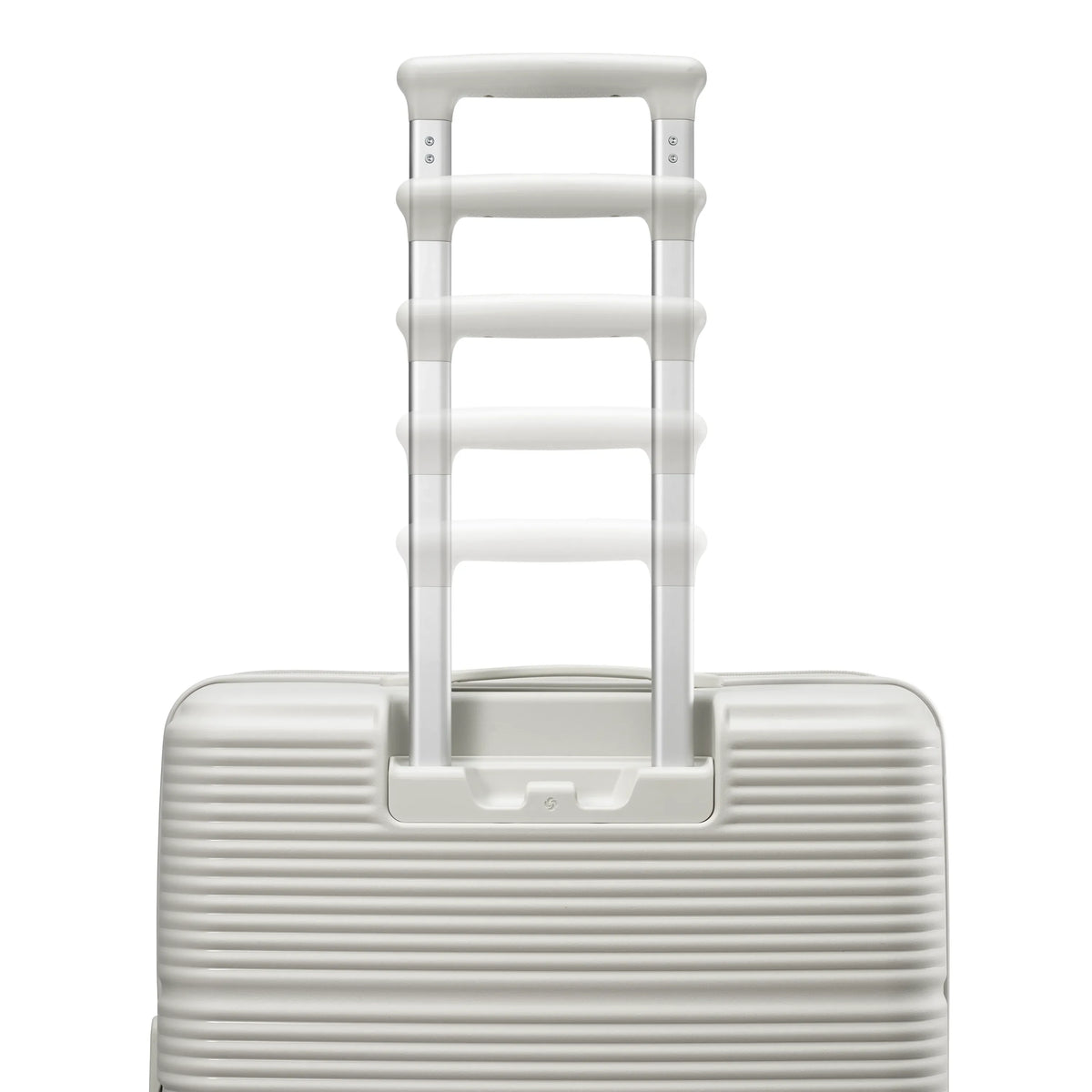 Samsonite Paralux stone grey large checked hardside spinner, telescoping handle close-up