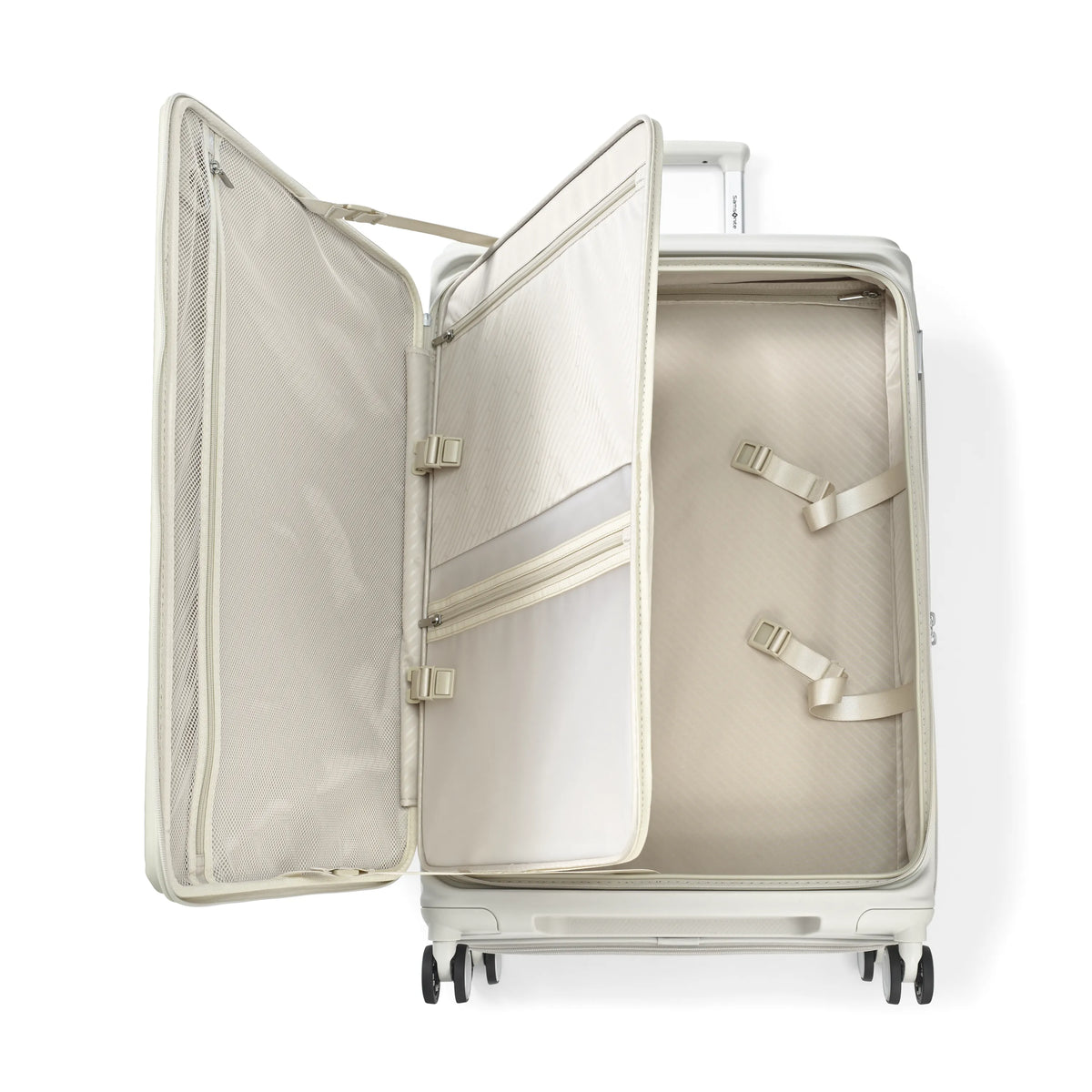 Samsonite Paralux stone grey large checked hardside spinner, open interior, angled packing view