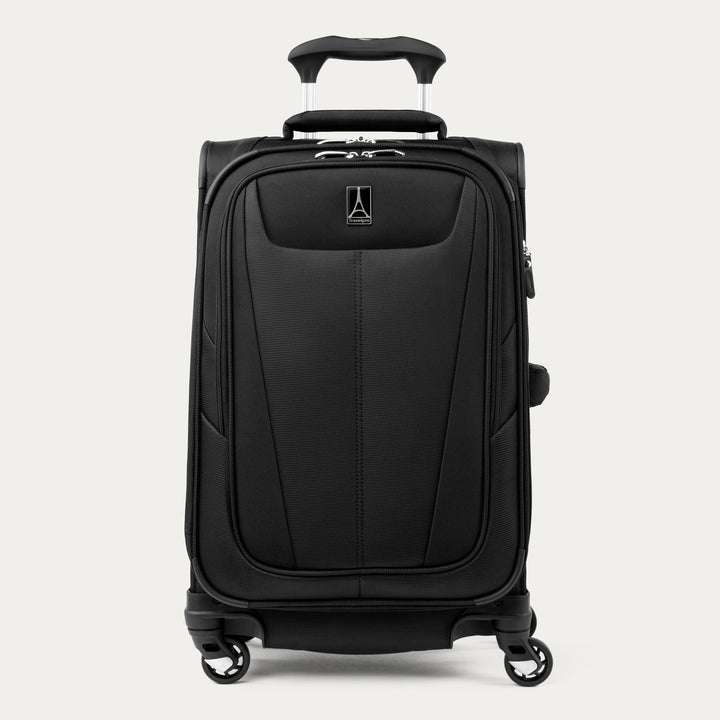 Featured image: Travelpro Maxlite 5 black 21" carry-on expandable softside spinner, front view, handle slightly raised