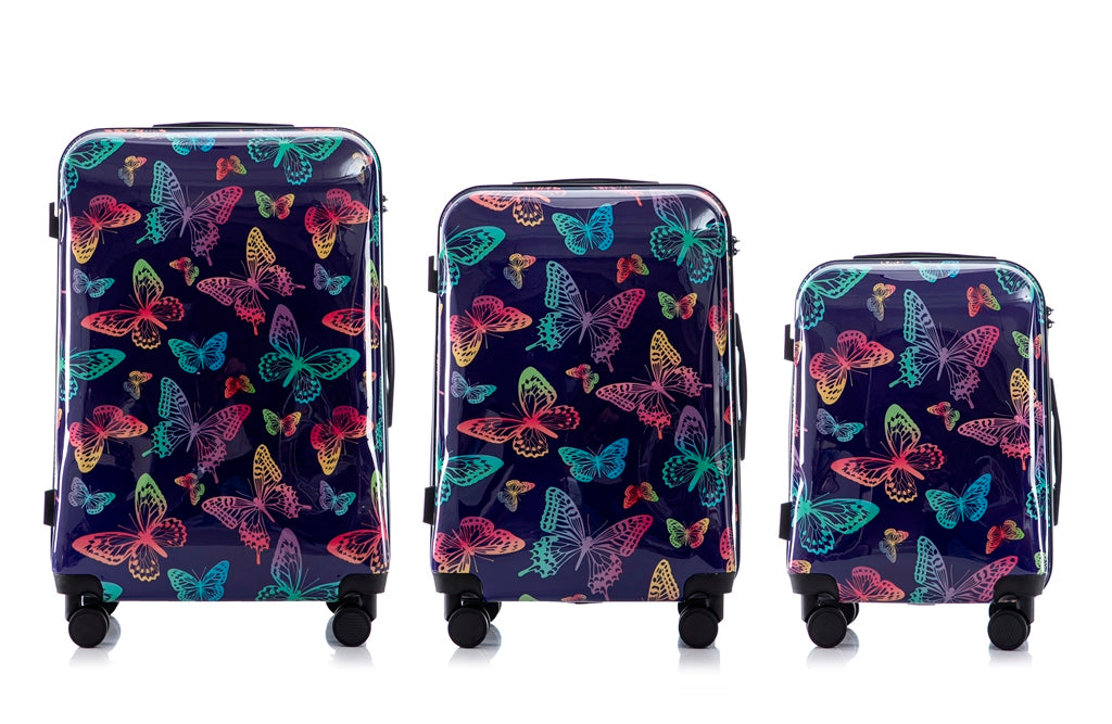 Multi-color Design ABS Hard Shell Lightweight with 360° Dual Spinning Wheels & Combo Lock – Includes 28", 24", 20" 3-Piece Luggage Set - Butterfly