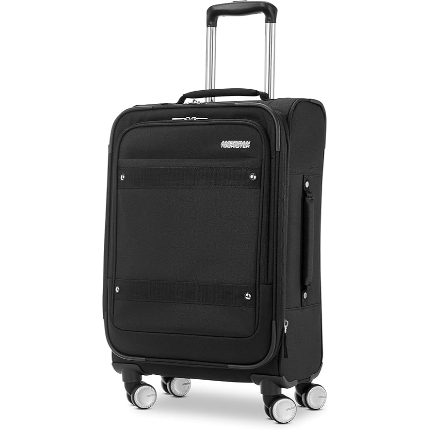 American Tourister Whim Softside Expandable Luggage with Spinners, Black, 2PC SET (Carry-on/Medium)