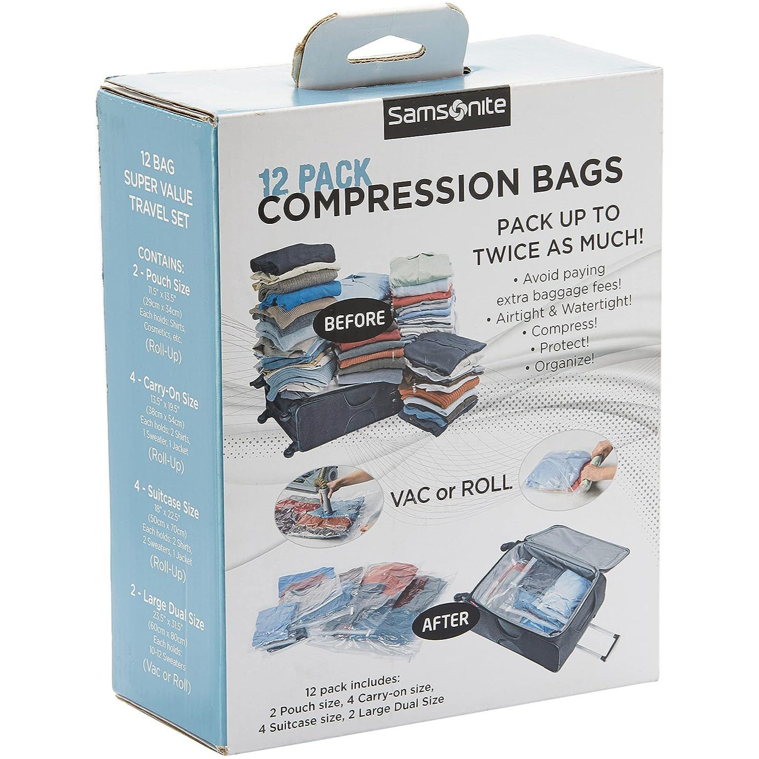 Samsonite 12 Pc Compression Bag Kit (2 Pouch Size, 4 Carry On Size, 4 Large Size, 2Xl Vacuum Size)