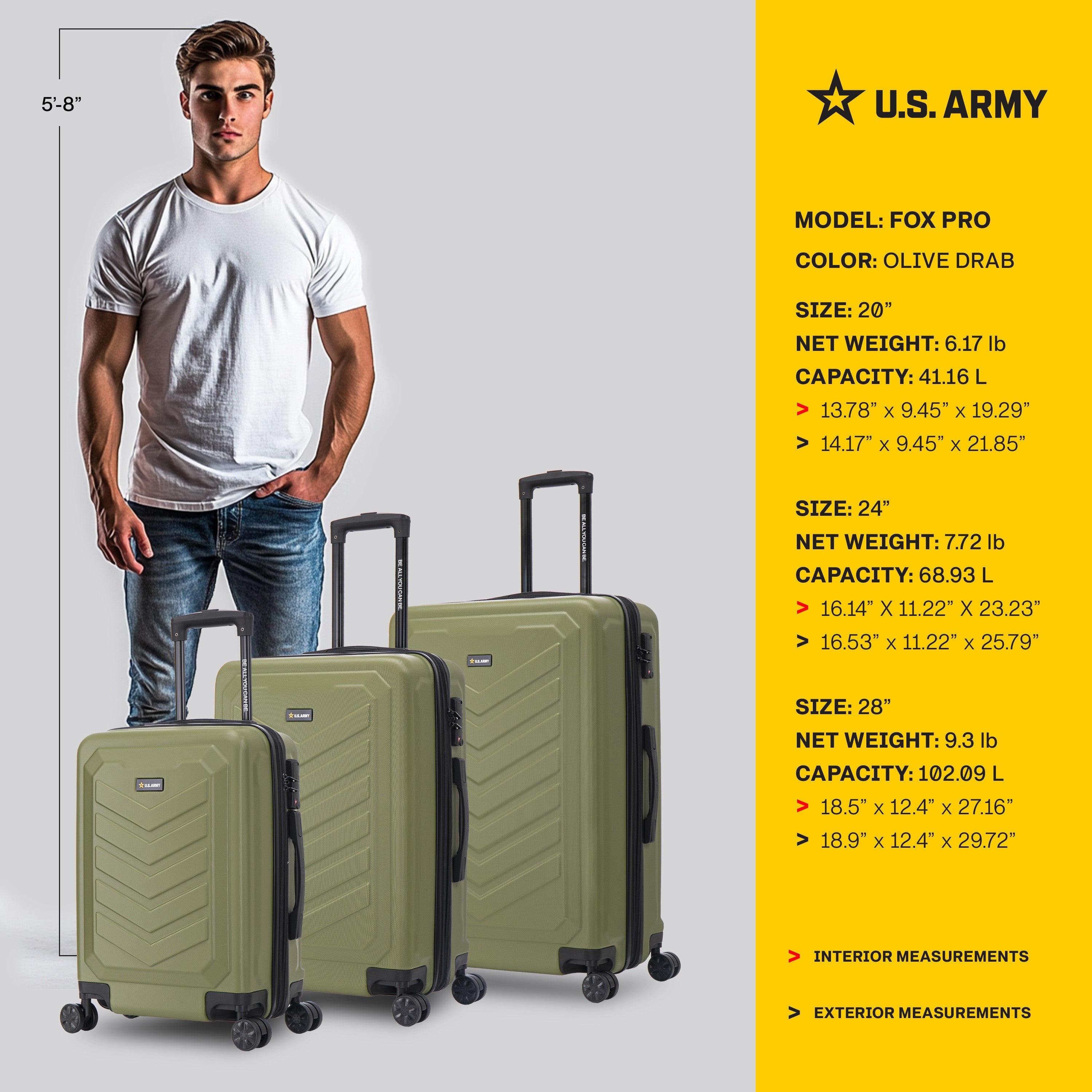 U.S. ARMY FOX PRO 3-Piece Luggage Set 20"/24"/28" Expandable Suitcases with TSA Lock